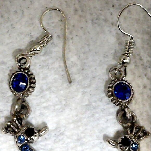 Peacock Earrings Dangle Blue Faux Rhinestone Silver Plating Metal 3.5" Length - Picture 7 of 9